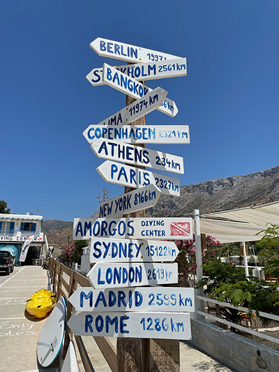 Image of signs showing distances to Locations from Amorgos 